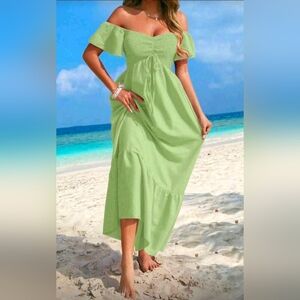 New Chic Ruched Front Off Shoulder Maxi Ruffle Dress Green